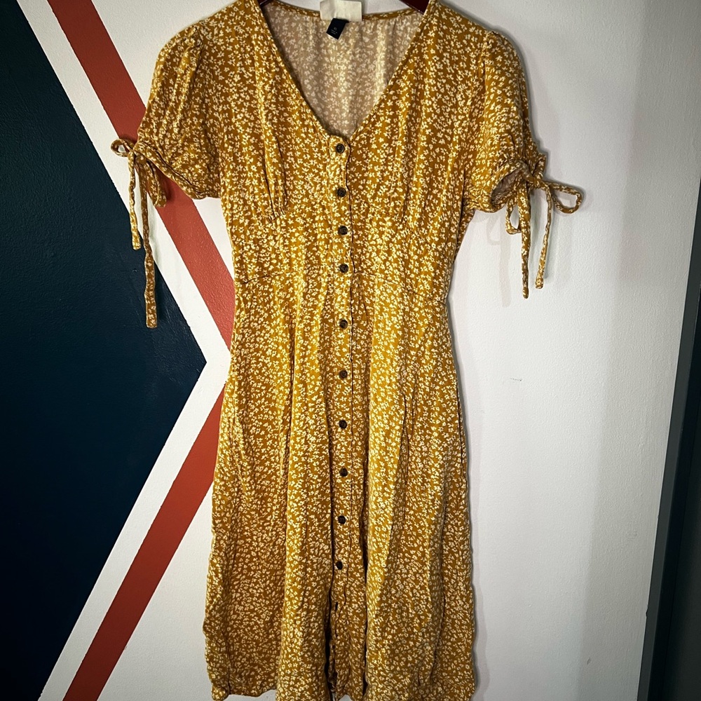 Universal Thread Mustard Yellow Floral Button-Front Mini Dress